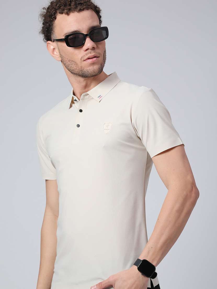 men's cream seamless polo-t-shirt with tonal stitching  slim fit breathable stretch