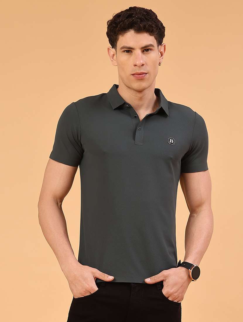 men's olive seamless polo-t-shirt with tonal stitching  slim fit breathable  stretch