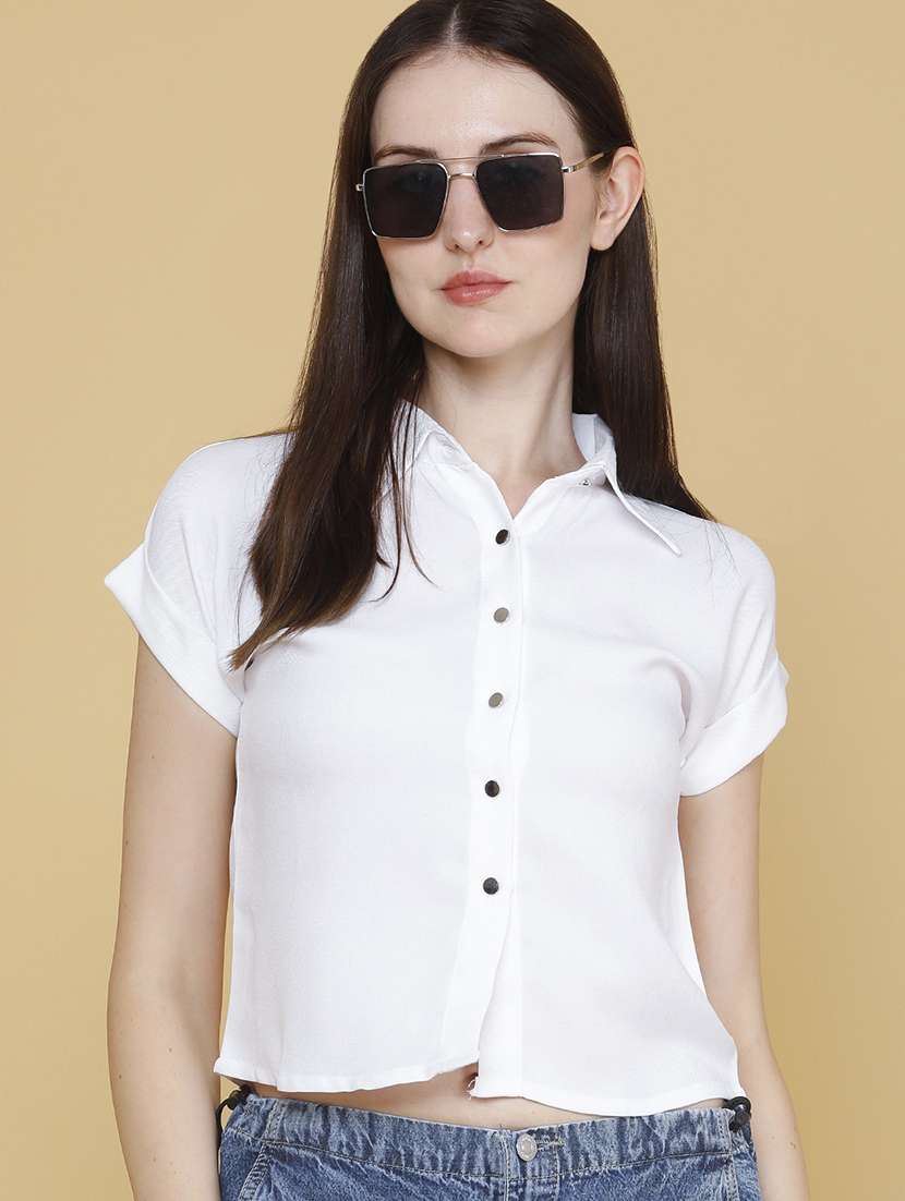 women solid short sleeves crop shirt