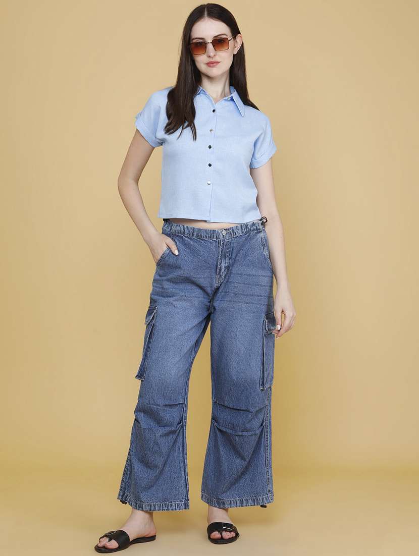 women solid short sleeves shirt style top - 22299882 -  Standard Image - 5