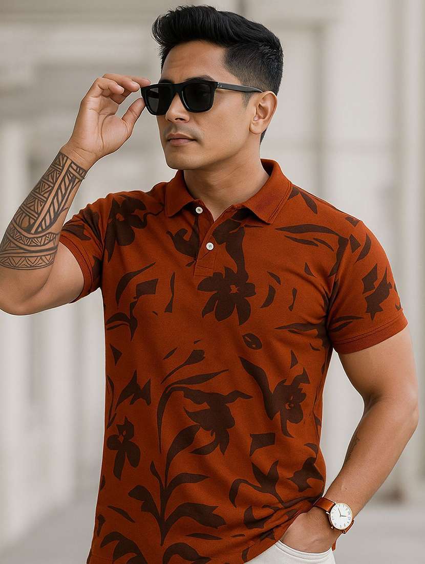 men floral printed short sleeve polo t-shirt