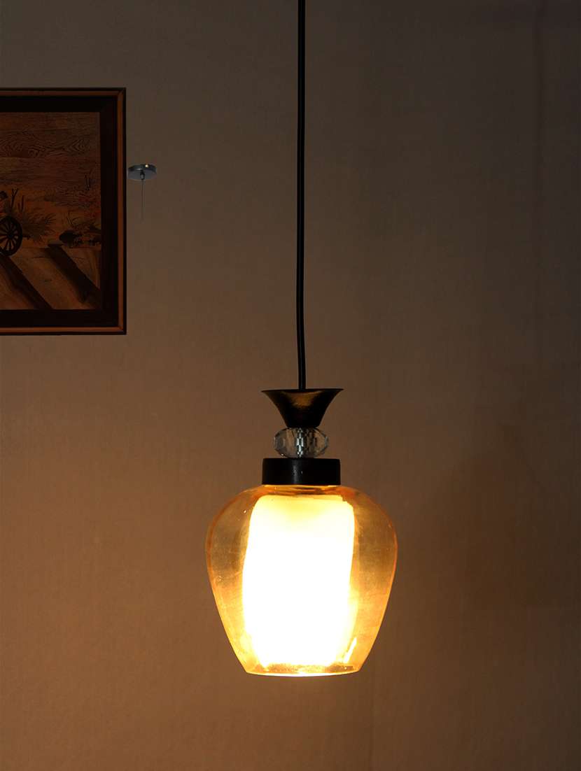 clear amber glass hanging lamp with black finish