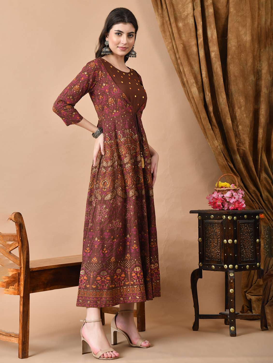 women printed three quarter sleeve ethnic dress - 22300338 -  Standard Image - 3