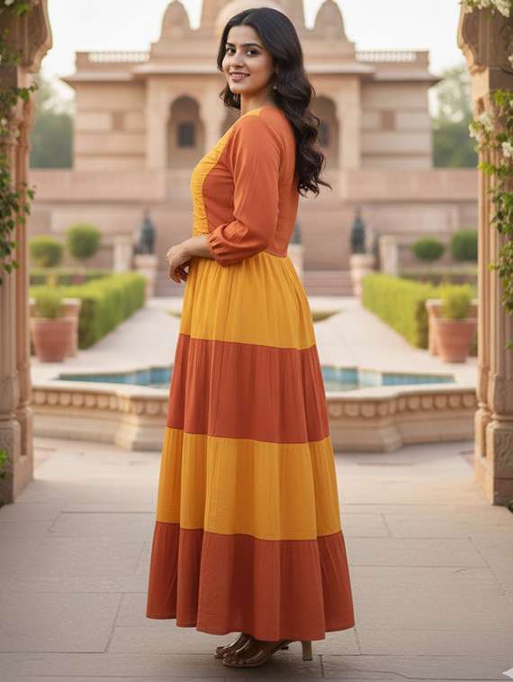women color block three quarter sleeve tiered maxi dress - 22300343 -  Standard Image - 3