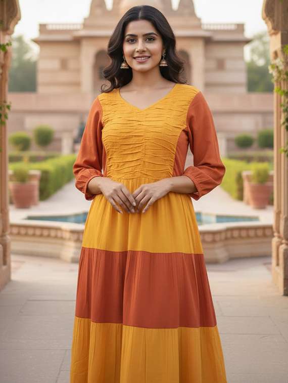 women color block three quarter sleeve tiered maxi dress - 22300343 -  Standard Image - 5