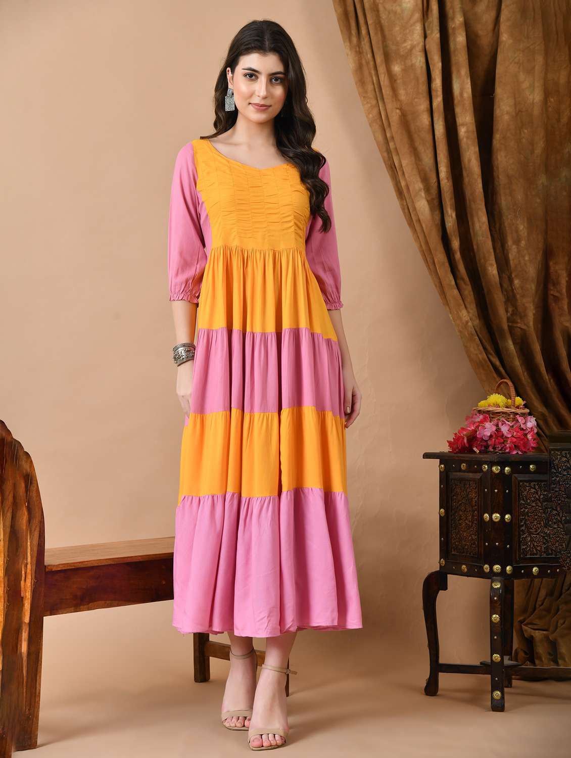 women color block three quarter sleeve tiered maxi dress