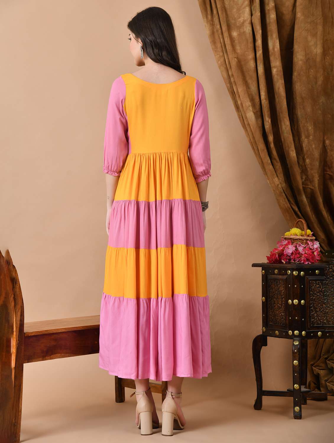 women color block three quarter sleeve tiered maxi dress - 22300344 -  Standard Image - 5
