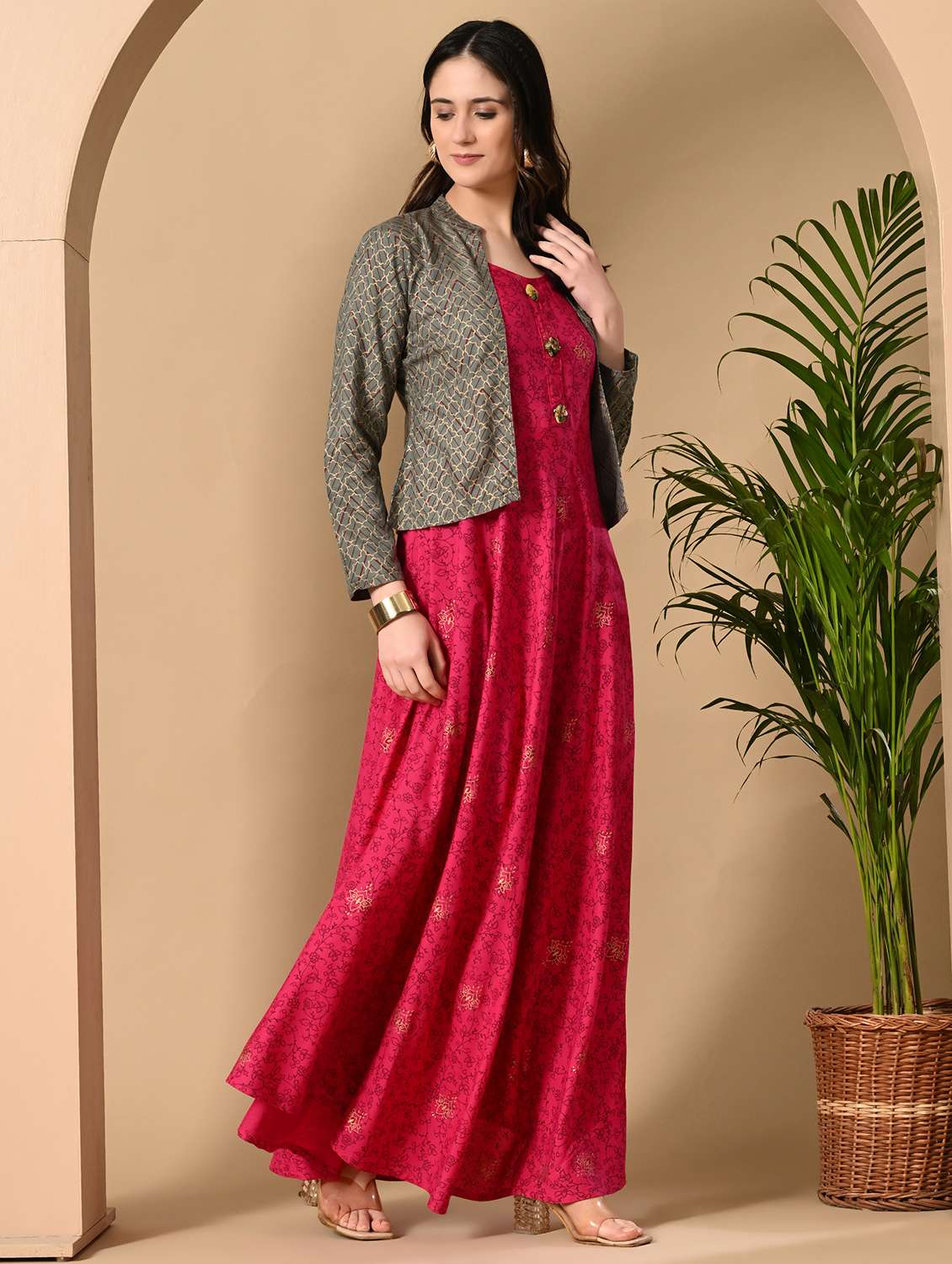 women printed three quarter sleeve ethnic dress - 22300346 -  Standard Image - 3