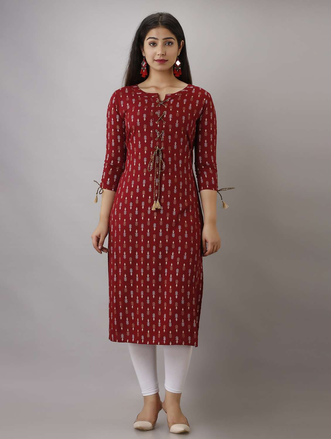 women printed three quarter sleeve straight kurta