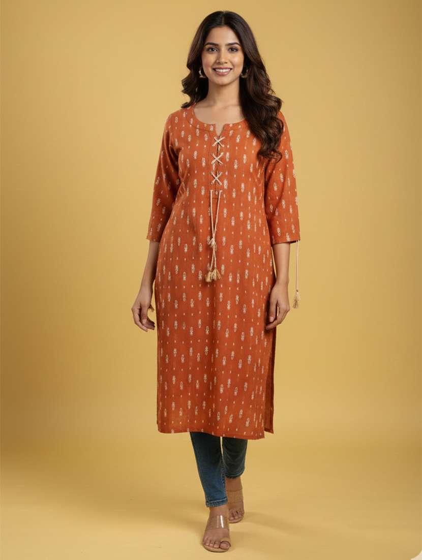 women printed three quarter sleeve straight kurta