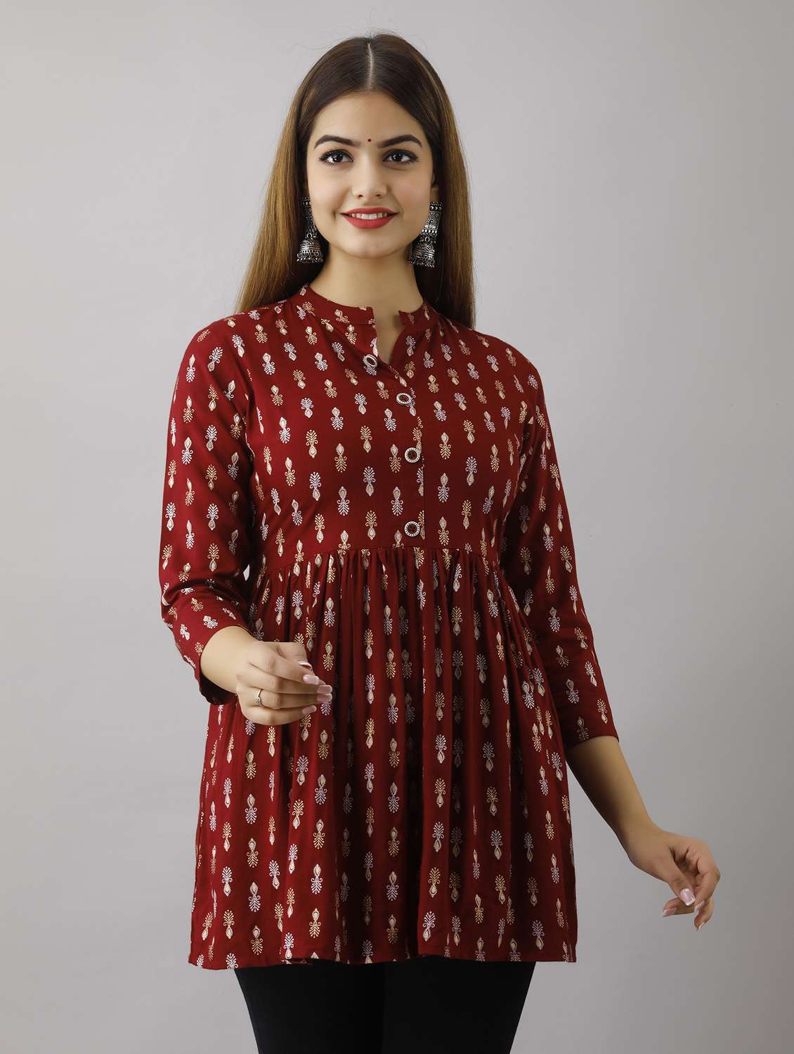 women printed three quarter sleeve a-line kurti