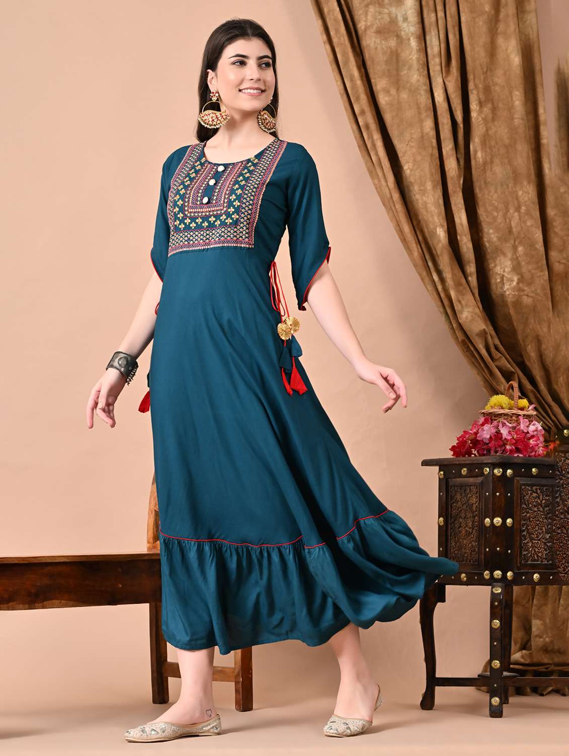 women solid with work three quarter sleeve ethnic dress
