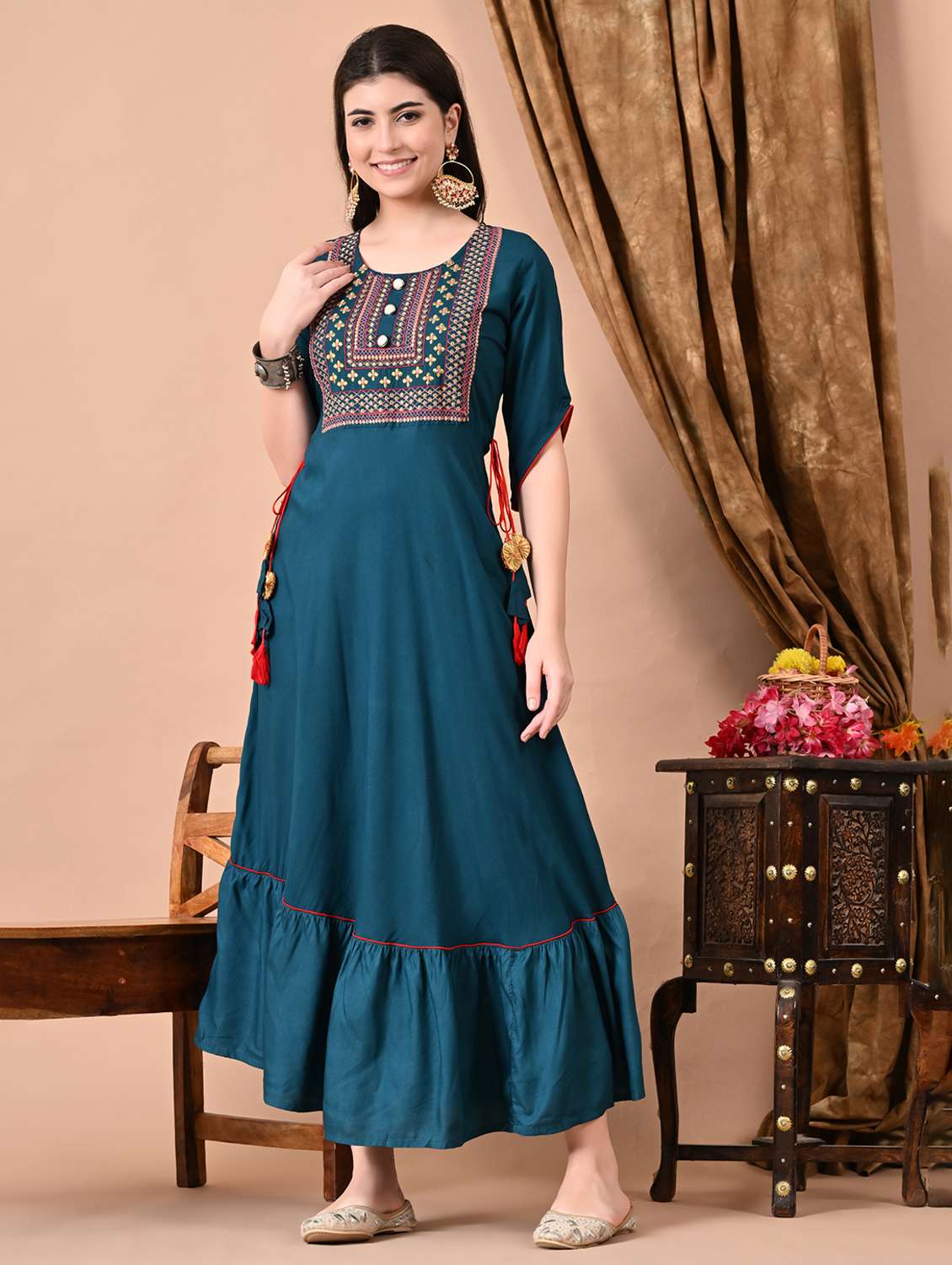 women solid with work three quarter sleeve ethnic dress - 22300356 -  Standard Image - 3