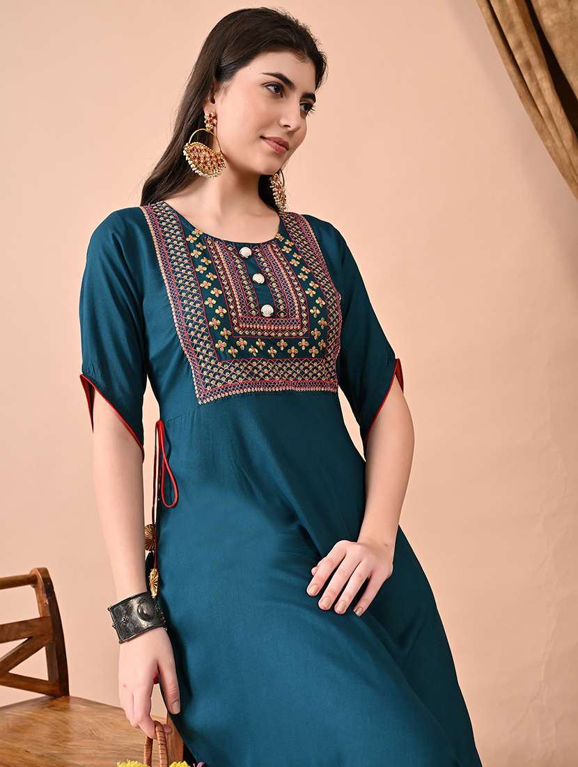 women solid with work three quarter sleeve ethnic dress - 22300356 -  Standard Image - 5