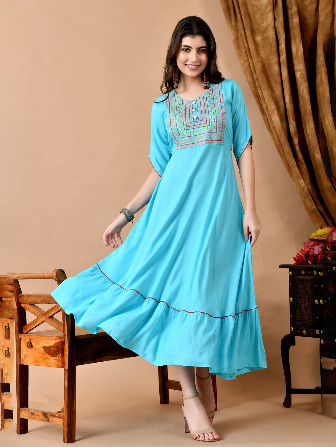 women solid with work three quarter sleeve ethnic dress