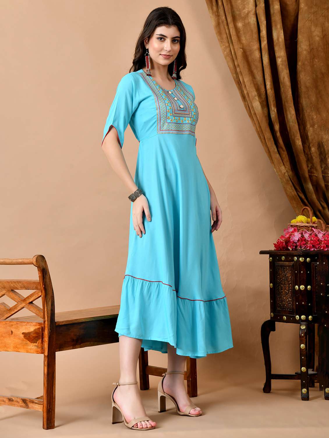 women solid with work three quarter sleeve ethnic dress - 22300357 -  Standard Image - 3