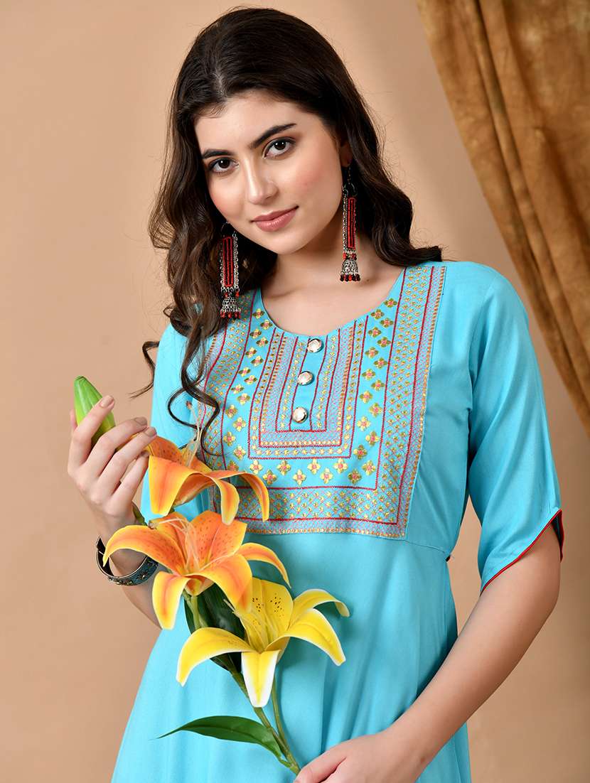 women solid with work three quarter sleeve ethnic dress - 22300357 -  Standard Image - 5