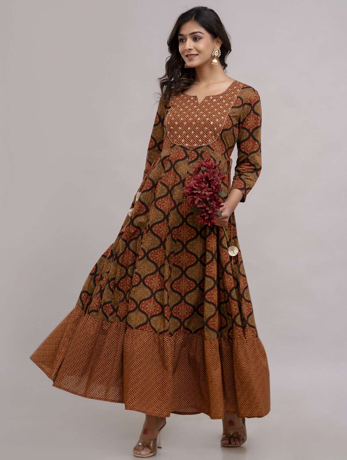 women printed three quarter sleeve ethnic dress