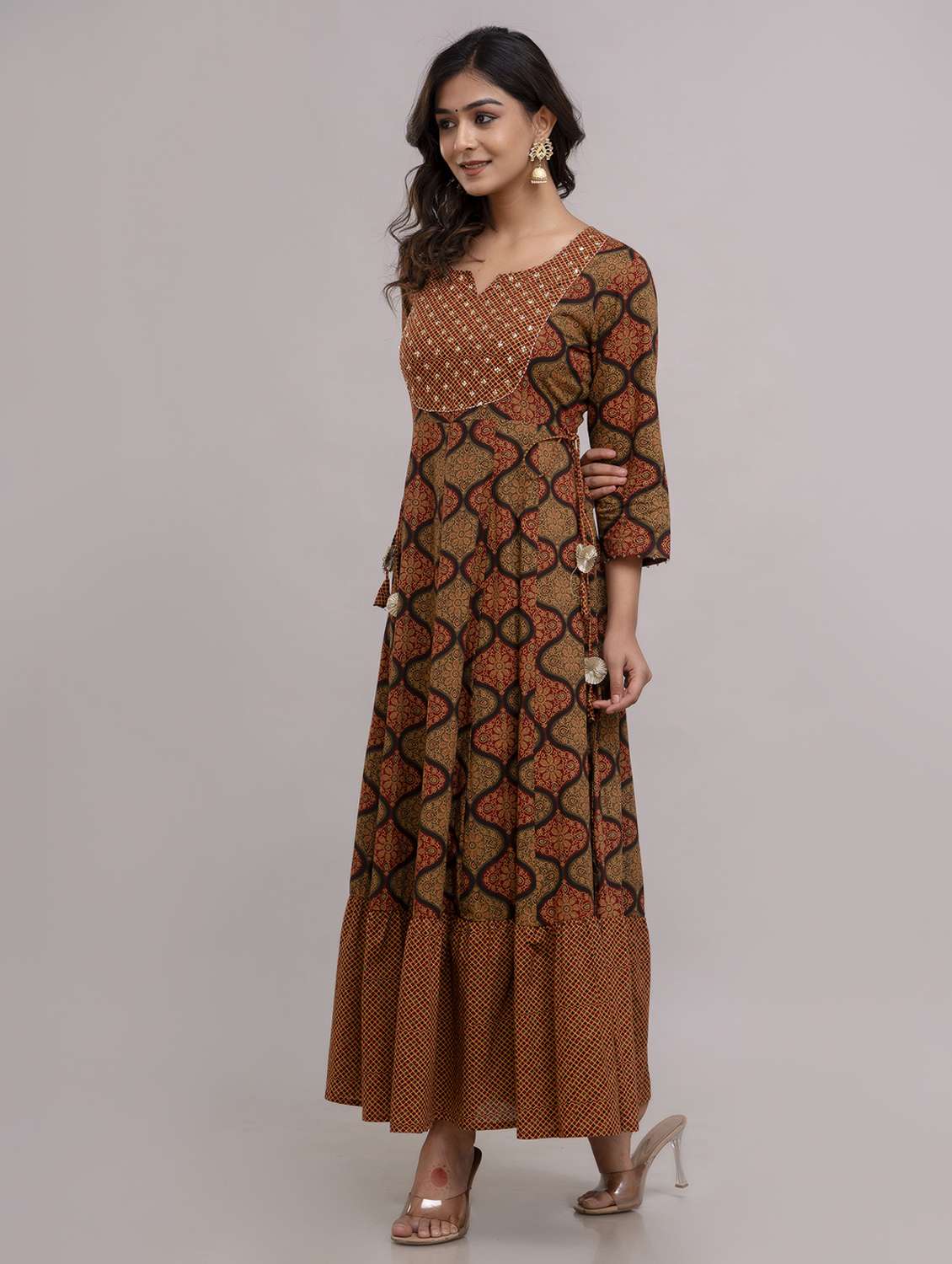 women printed three quarter sleeve ethnic dress - 22300358 -  Standard Image - 3