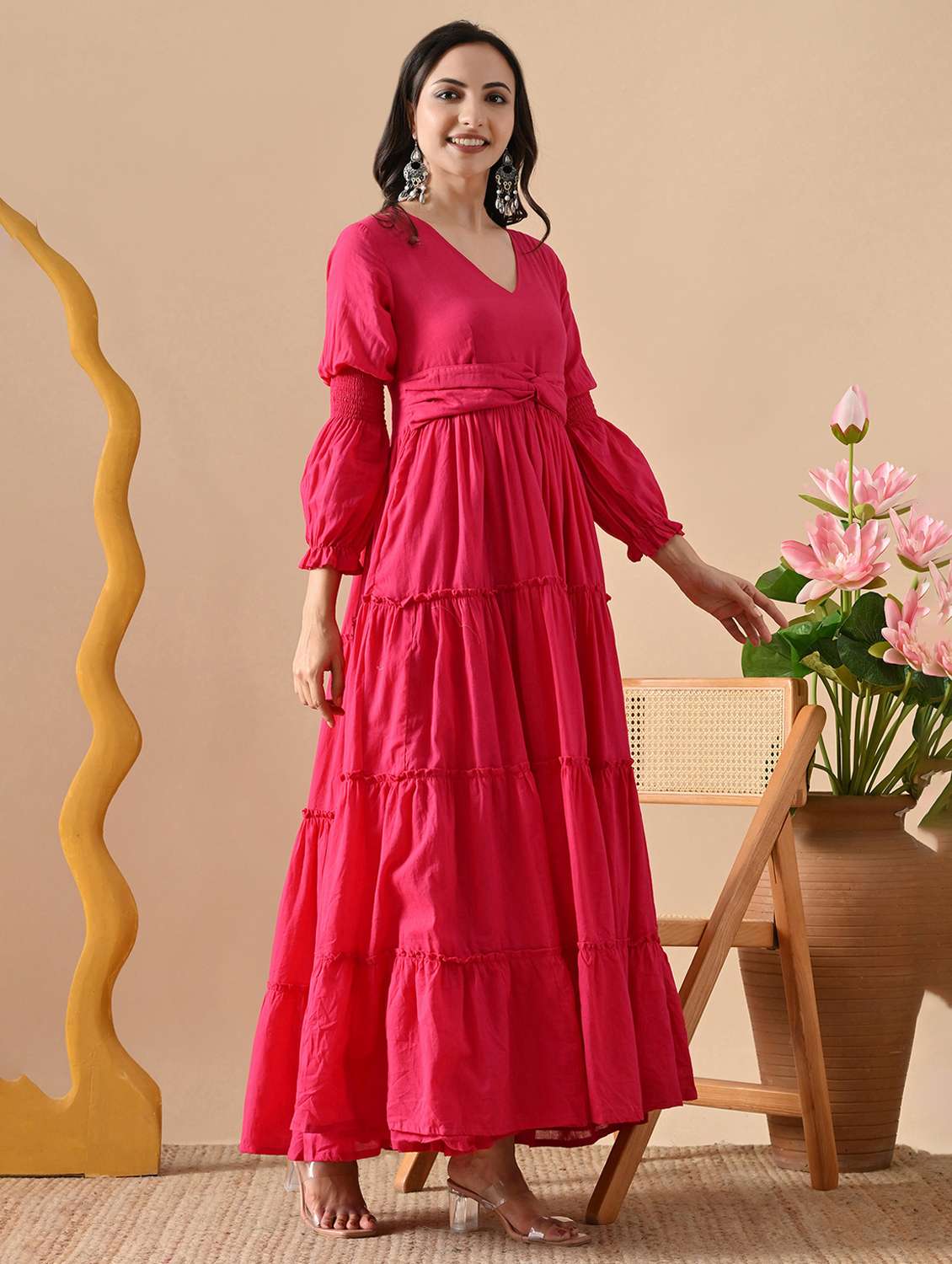women solid long sleeve tiered maxi dress - 22300360 -  Standard Image - 3