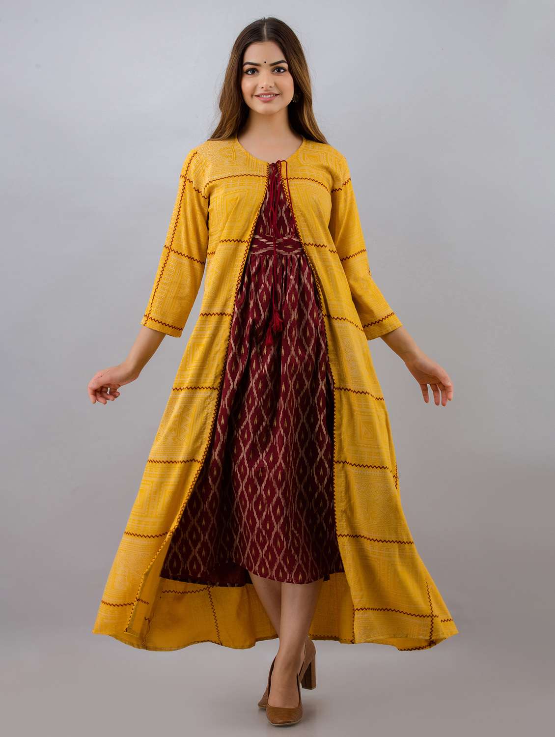 women printed three quarter sleeve ethnic dress - 22300363 -  Standard Image - 3