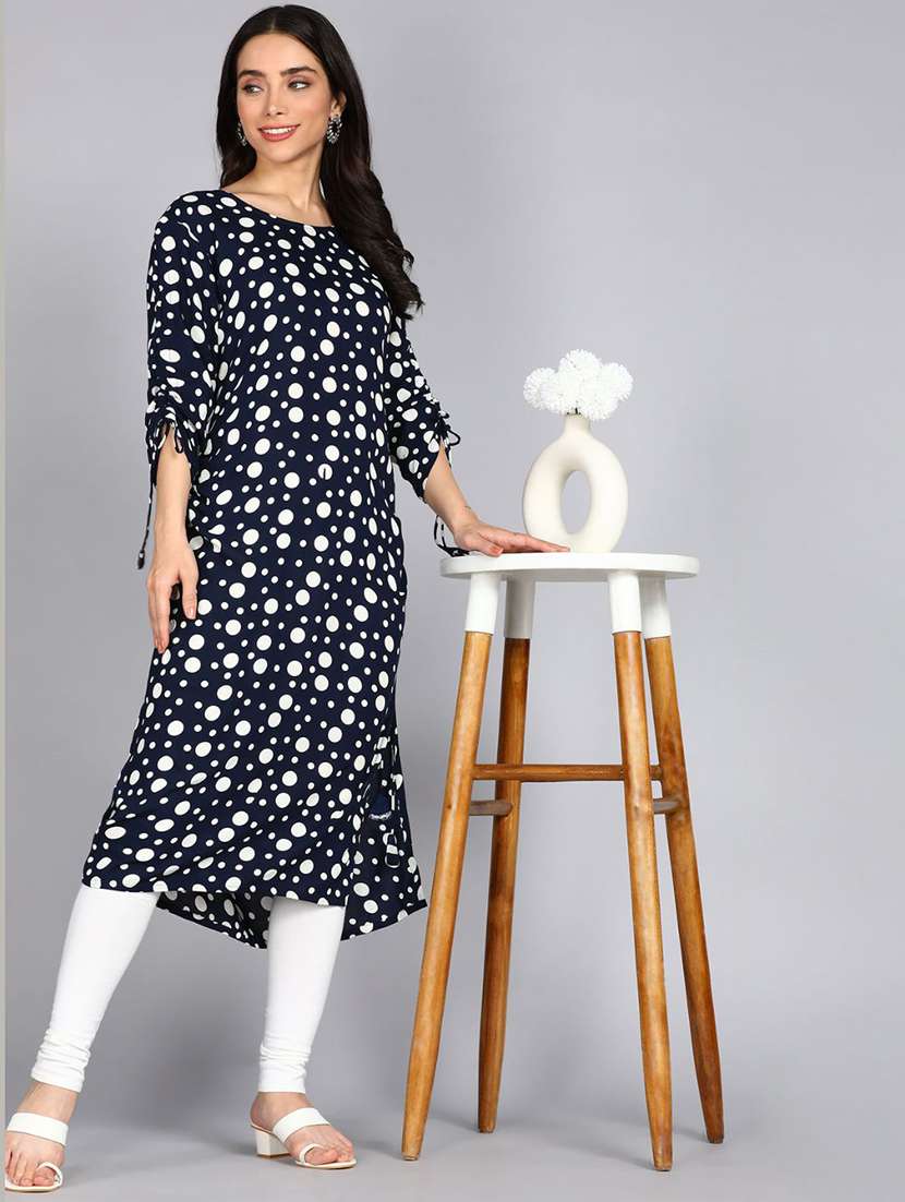 women polka dot three quarter sleeve straight kurta