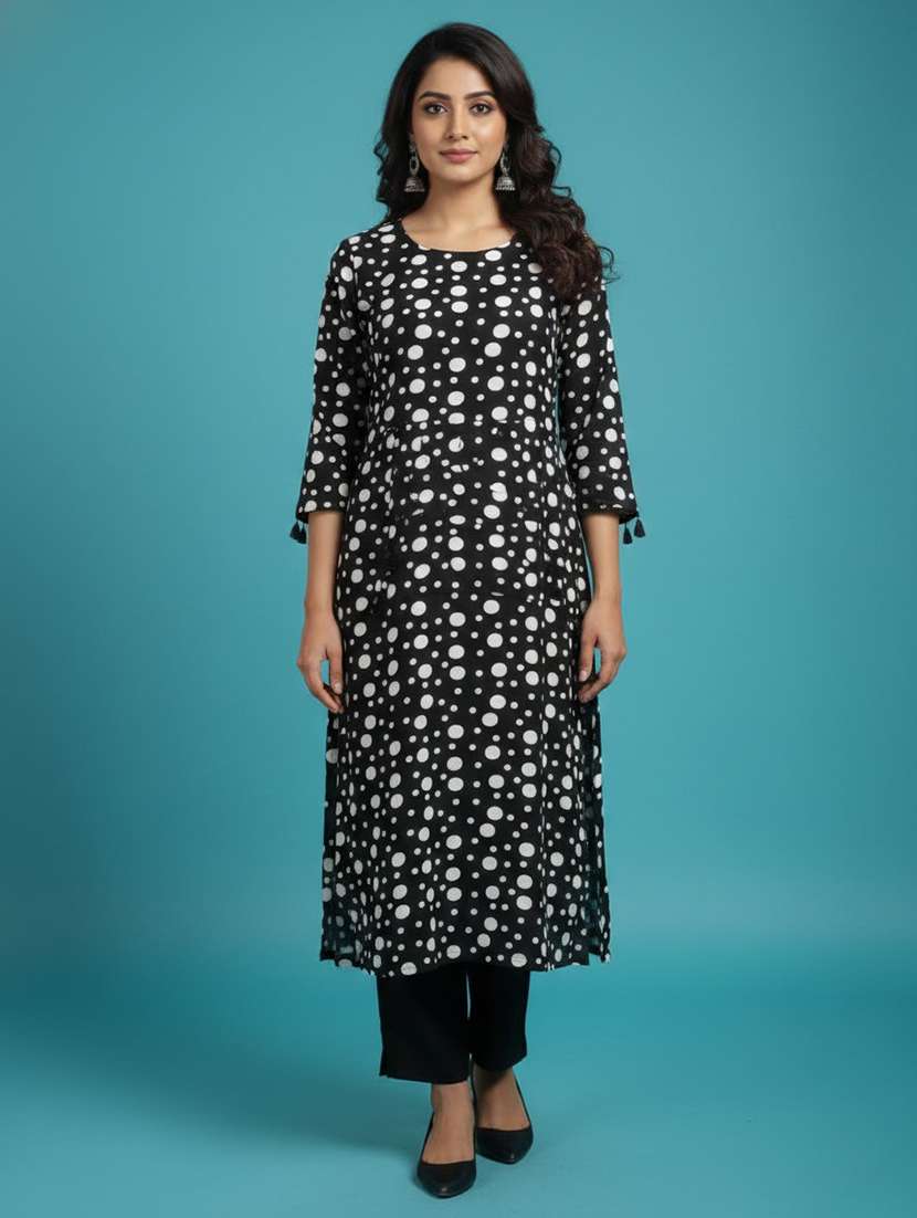 women polka dot three quarter sleeve straight kurta