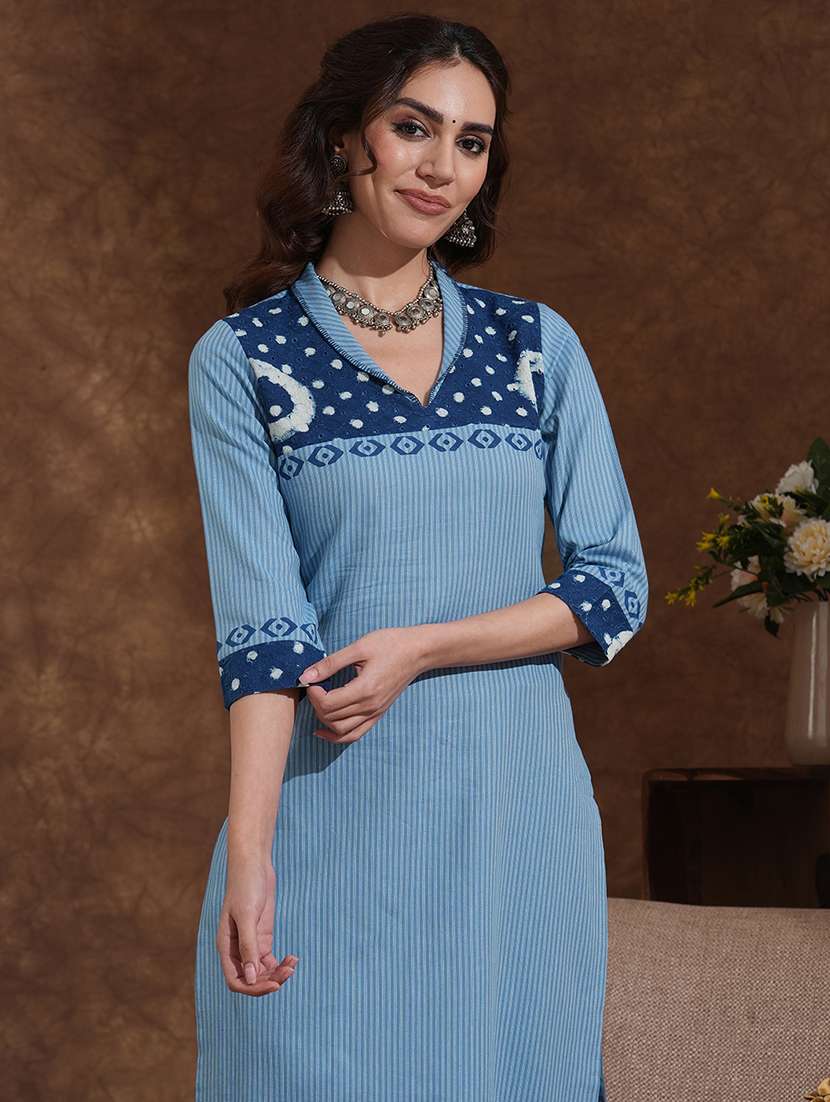 women striped three quarter sleeve straight kurta - 22300518 -  Standard Image - 5