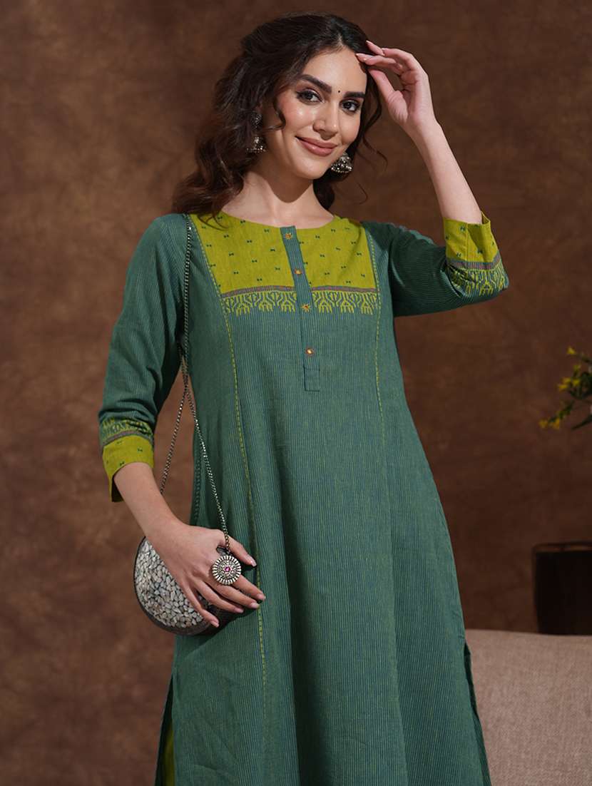 women striped three quarter sleeve a-line kurta - 22300520 -  Standard Image - 5