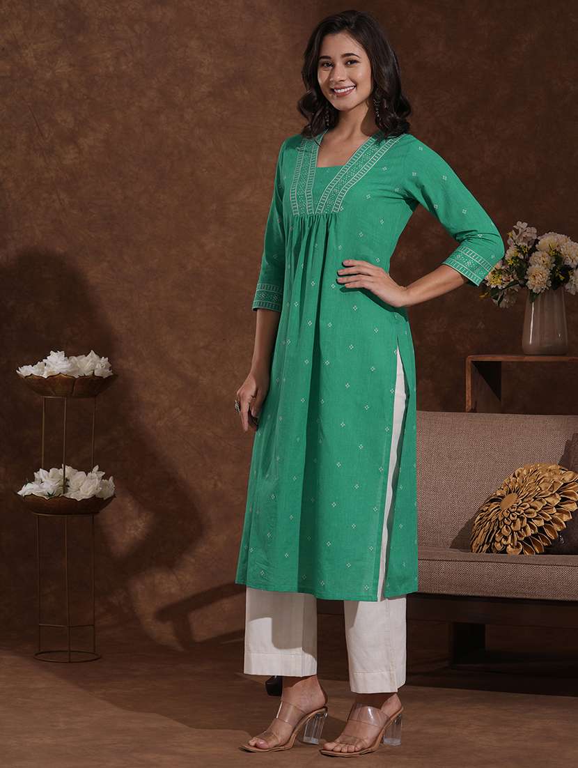women self design three quarter sleeve a-line kurta - 22300522 -  Standard Image - 3