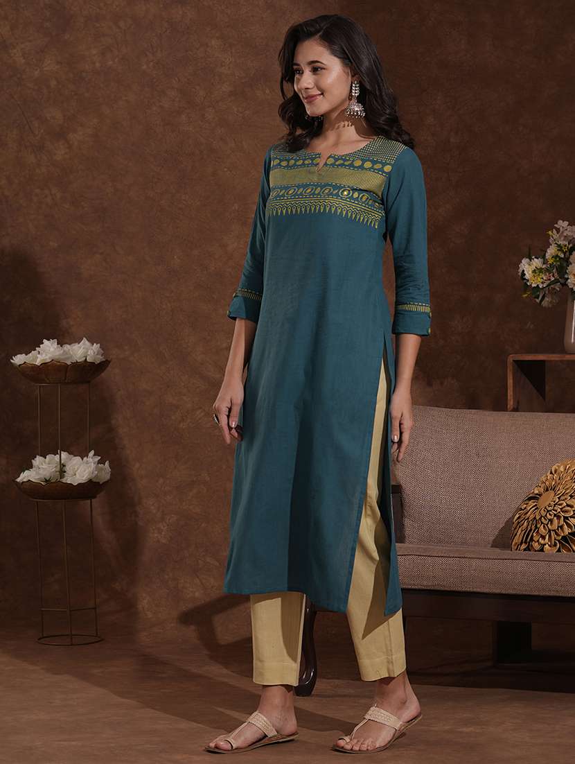 women self design three quarter sleeve straight kurta - 22300526 -  Standard Image - 3