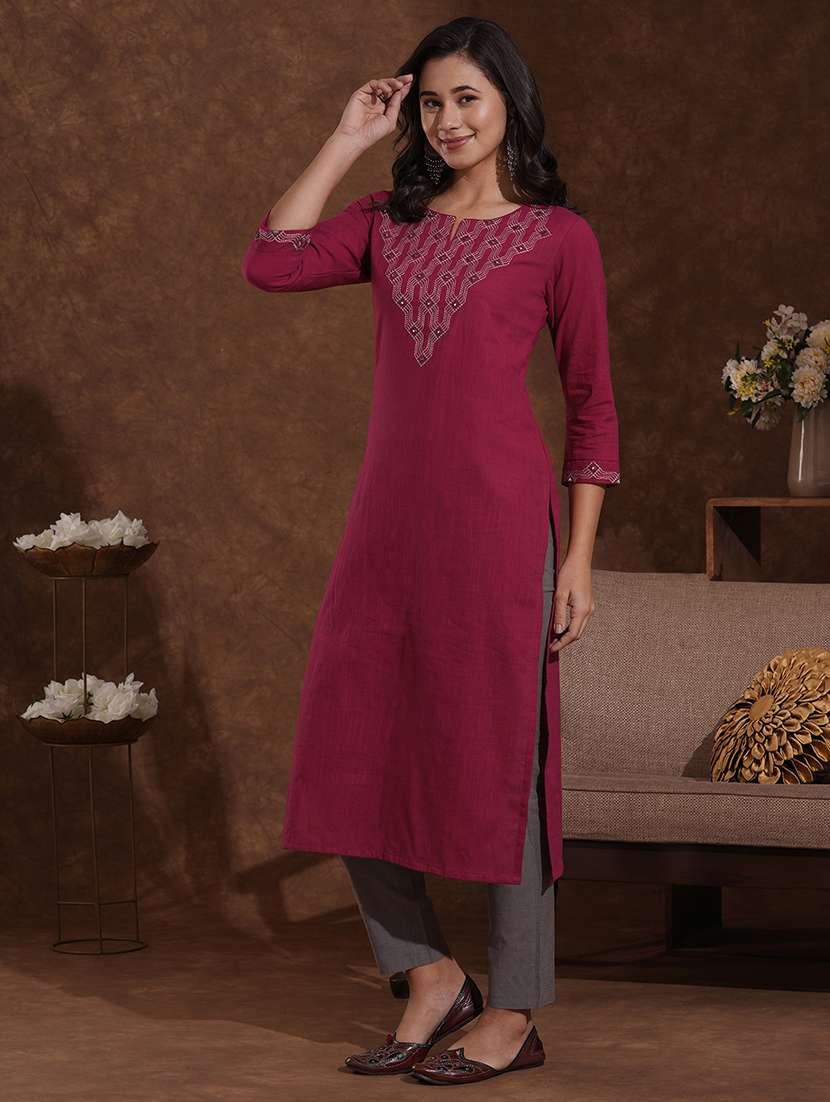 women solid with work three quarter sleeve straight kurta - 22300537 -  Standard Image - 3