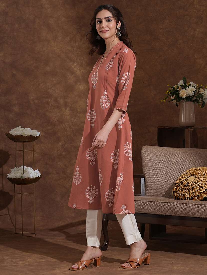 women printed three quarter sleeve a-line kurta - 22300541 -  Standard Image - 3