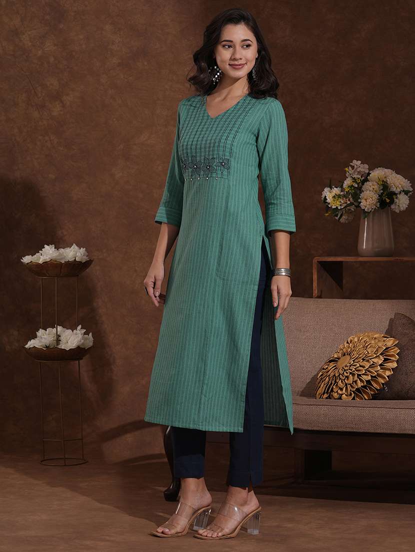 women self design three quarter sleeve straight kurta - 22300557 -  Standard Image - 3