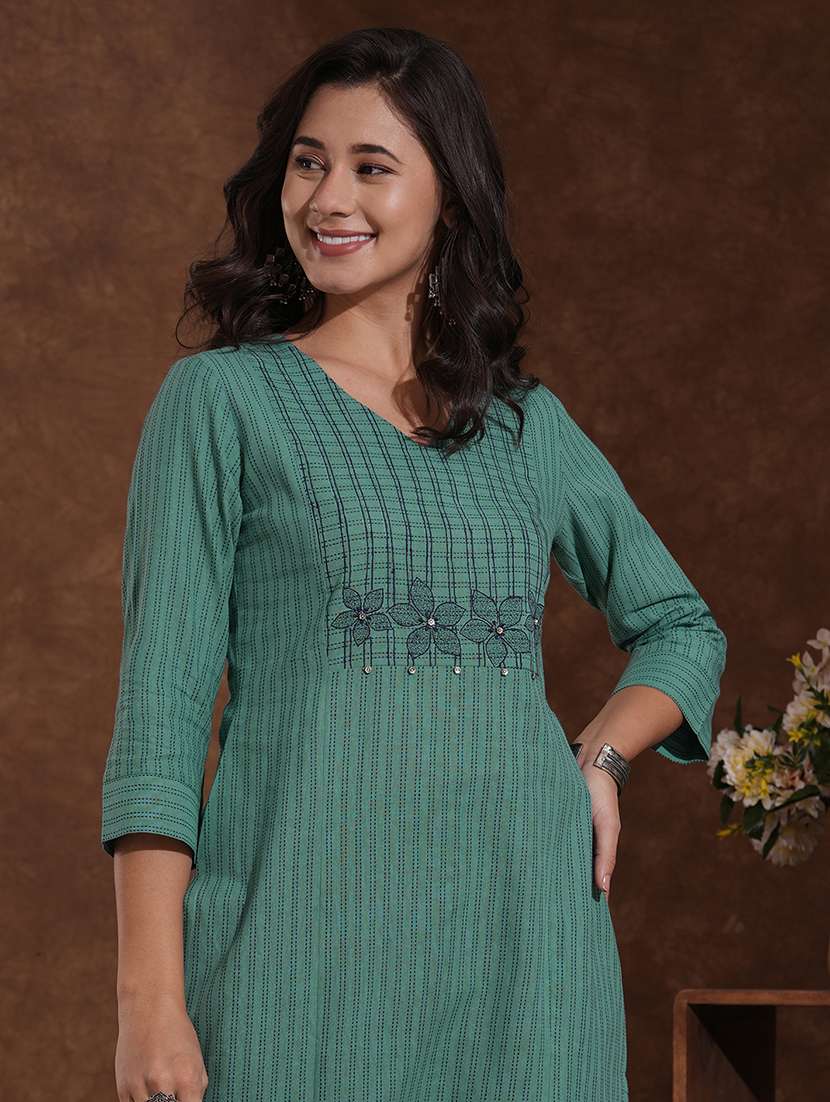 women self design three quarter sleeve straight kurta - 22300557 -  Standard Image - 5