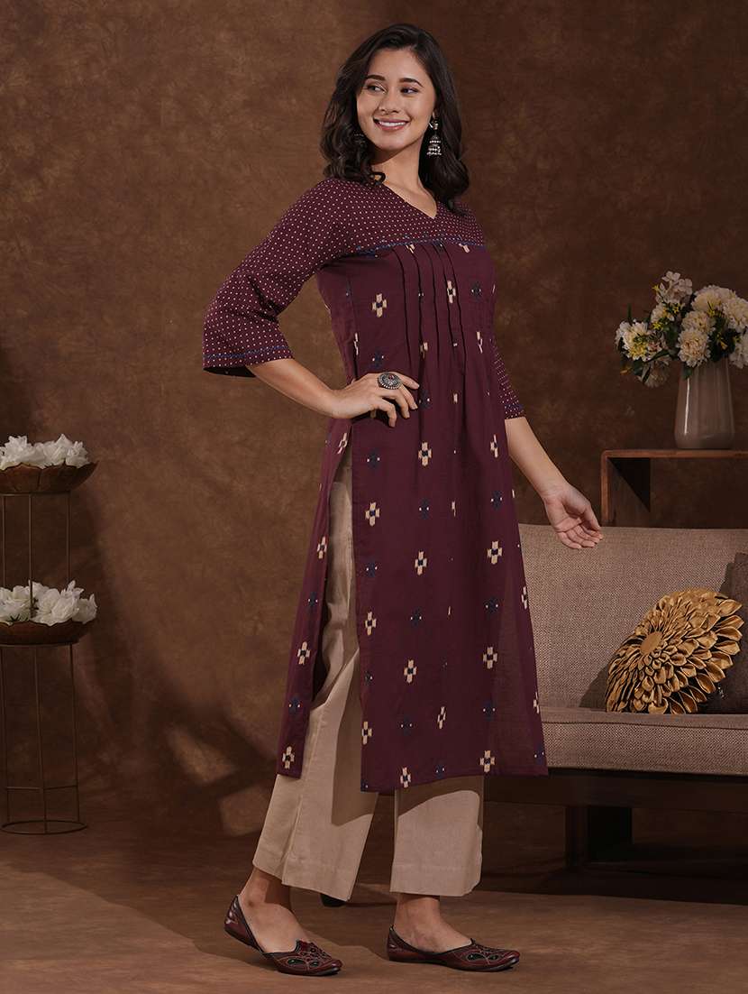women printed three quarter sleeve a-line kurta - 22300559 -  Standard Image - 3