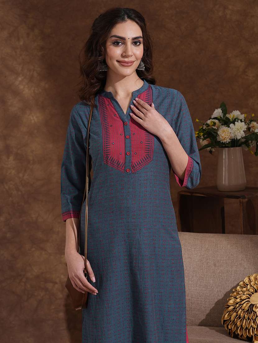 women self design three quarter sleeve straight kurta - 22300562 -  Standard Image - 5