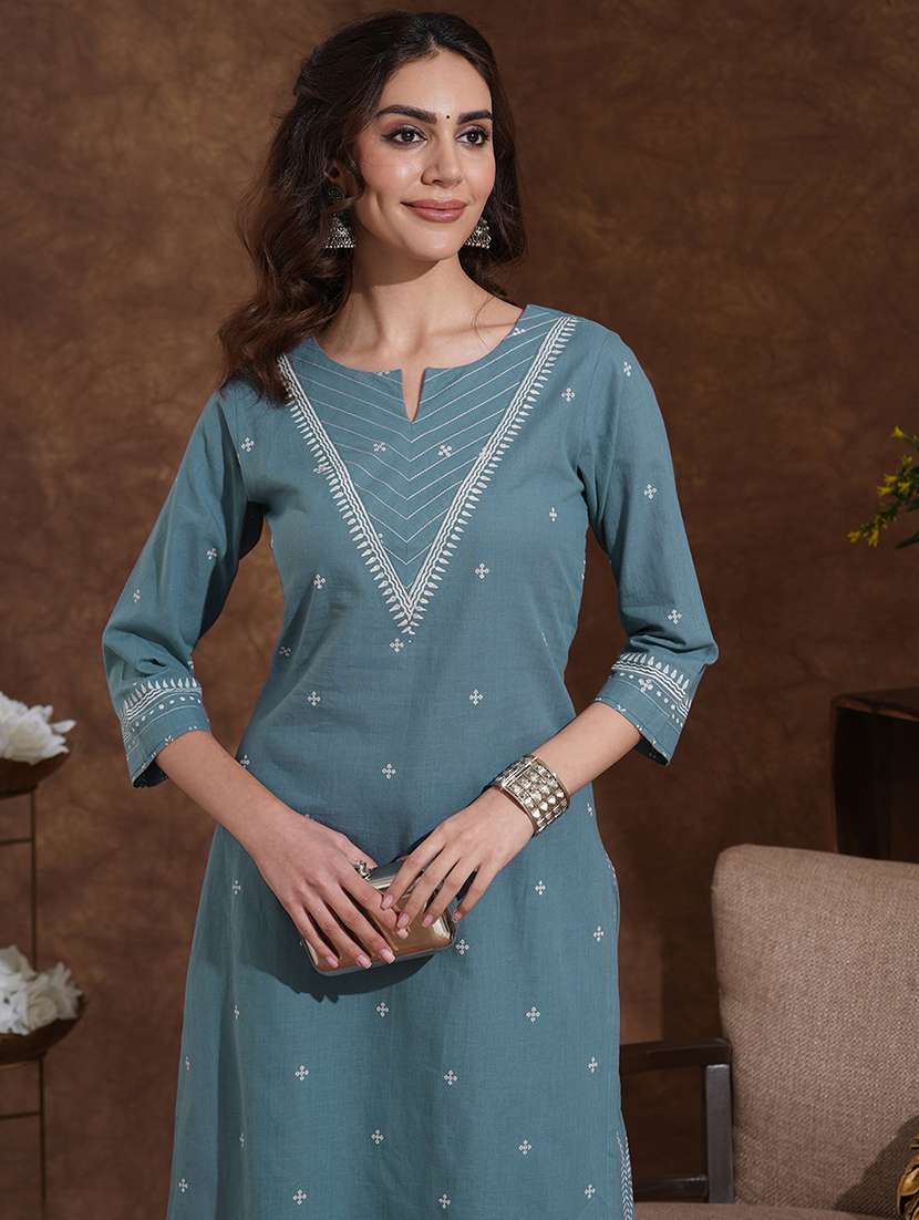 women solid with work notch neck kurta pant with dupatta set  - 22300565 -  Standard Image - 5