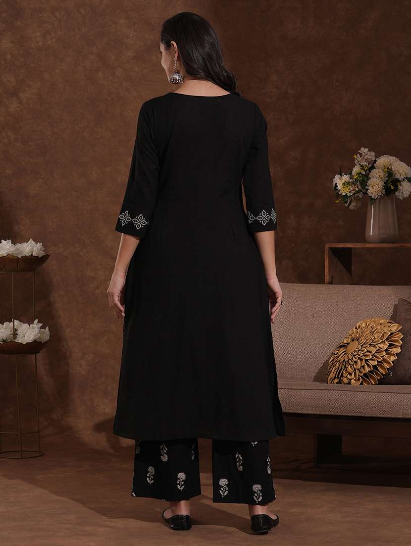 women solid with work round neck kurta pant set  - 22300566 -  Standard Image - 3