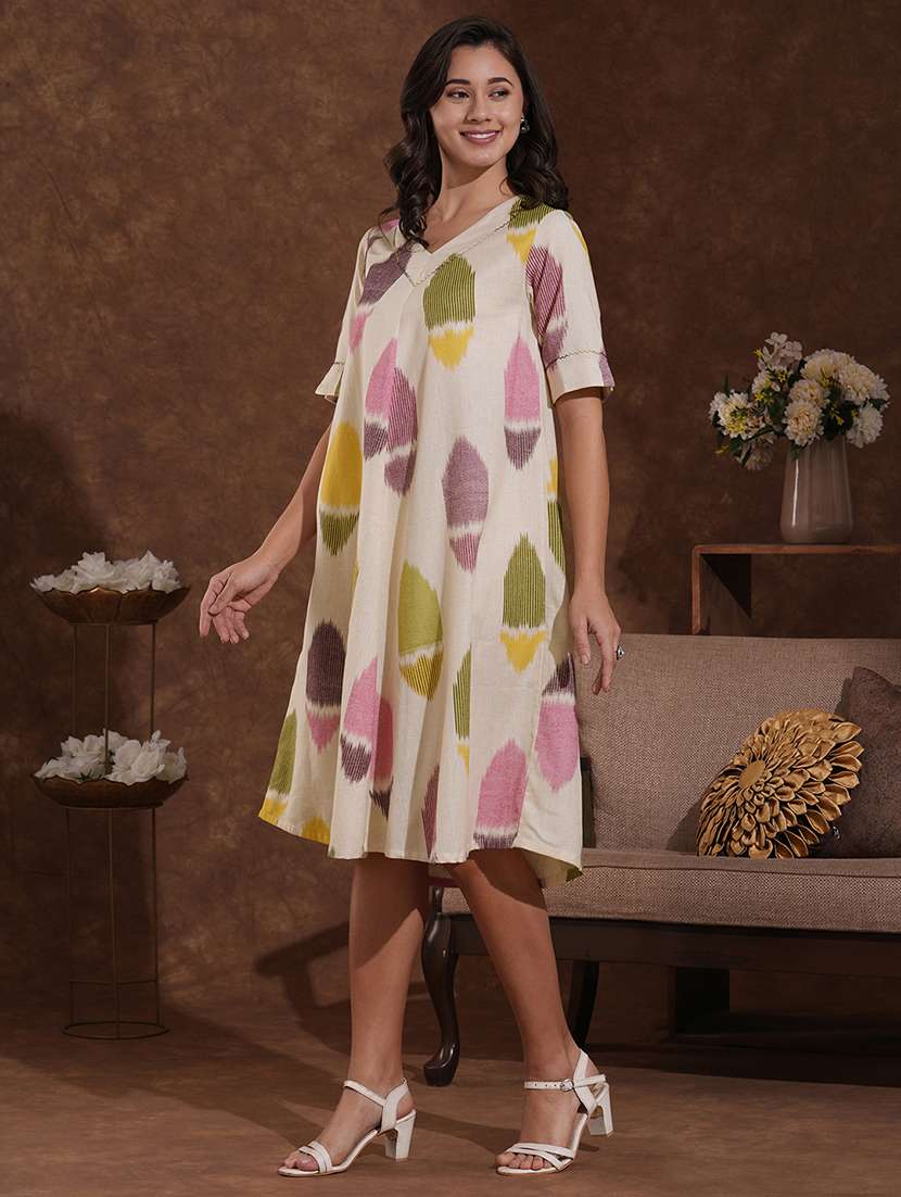 women printed elbow sleeve a-line dress - 22300569 -  Standard Image - 3