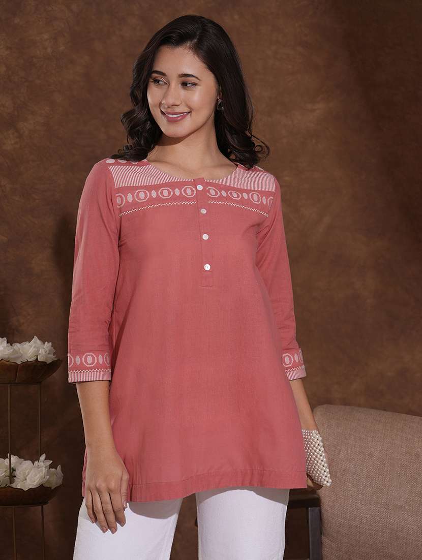 women self designed three quarter sleeve a-line kurti