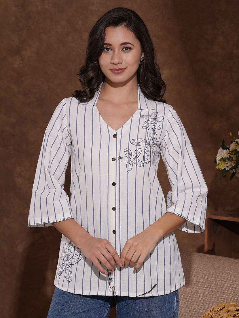 women striped three quarter sleeve regular top