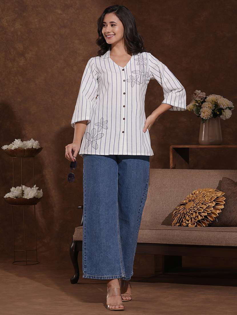 women striped three quarter sleeve regular top - 22300575 -  Standard Image - 5