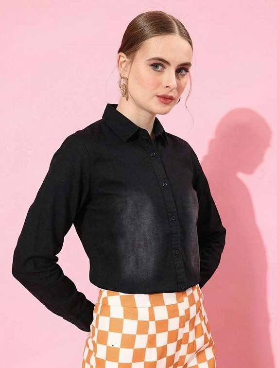 women solid collared long sleeve denim shirt