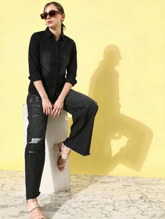 women solid collared long sleeve denim shirt - 22300805 -  Standard Image - 3