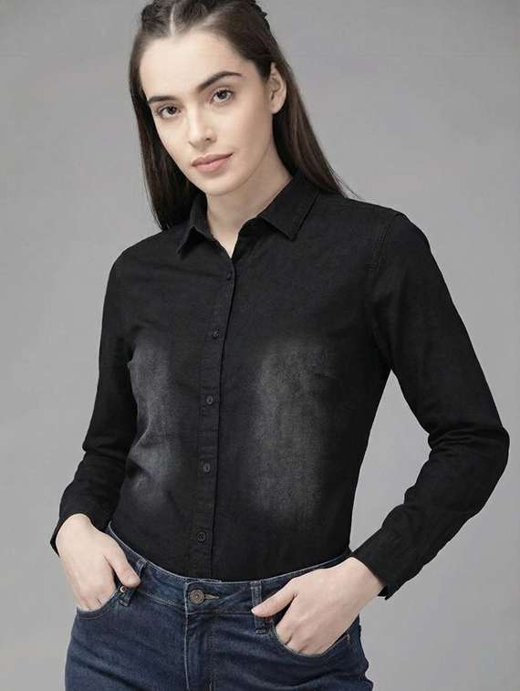 women solid collared long sleeve denim shirt