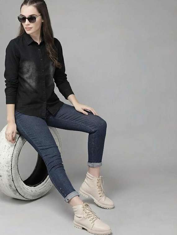 women solid collared long sleeve denim shirt - 22300806 -  Standard Image - 3