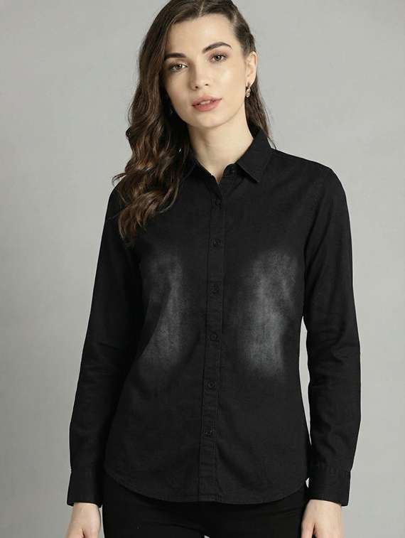 women solid collared long sleeve denim shirt