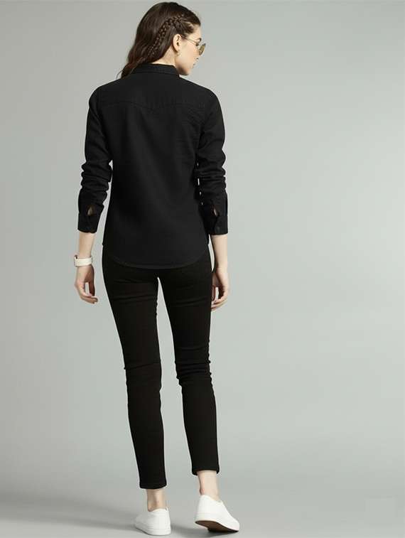 women solid collared long sleeve denim shirt - 22300808 -  Standard Image - 3