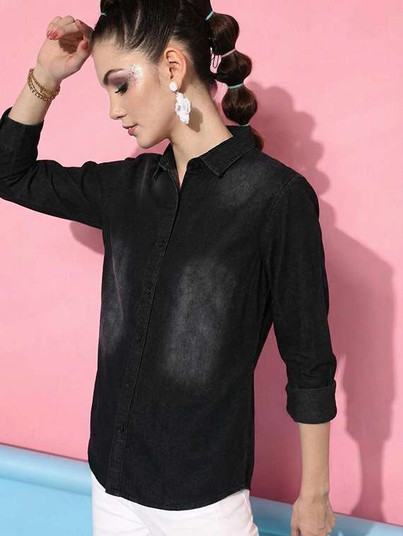 women solid collared long sleeve denim shirt